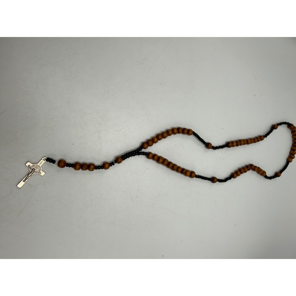 Saint Benedict Crucifix Rosary Necklace Brown Wood Beads Black Accents Catholic